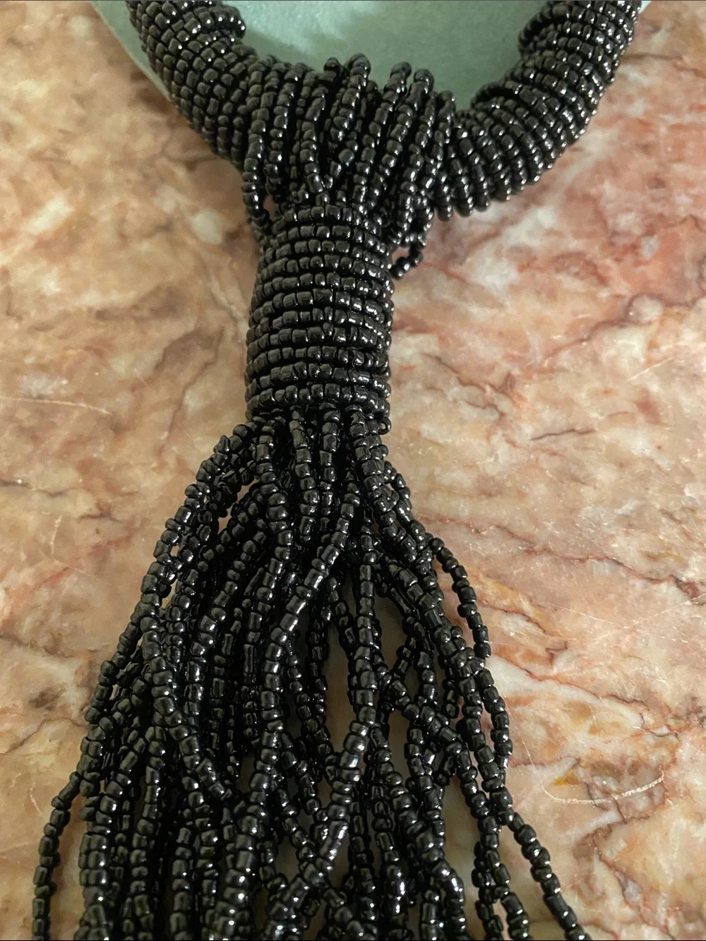Black Beaded Tassel Statement Necklace Long Fringe Gold Tone